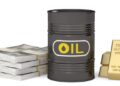 Oil,Barrel,,Gold,Bar,And,Money,Stack.,3d,Rendering.,3d