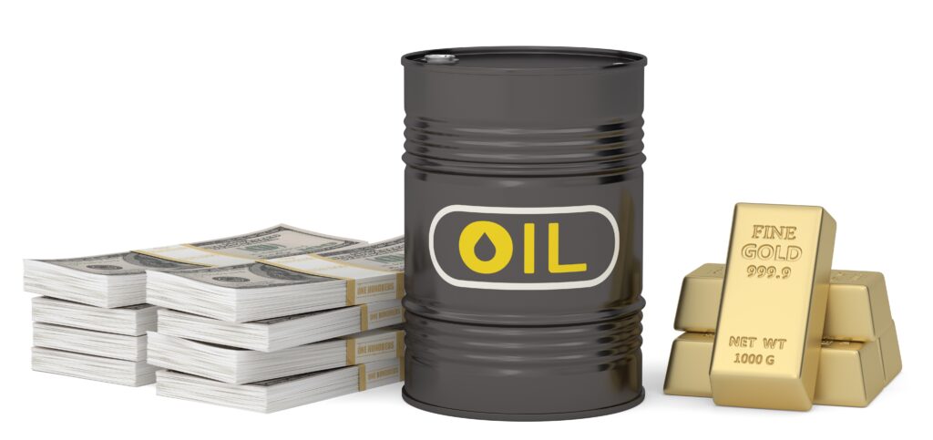 Oil,Barrel,,Gold,Bar,And,Money,Stack.,3d,Rendering.,3d